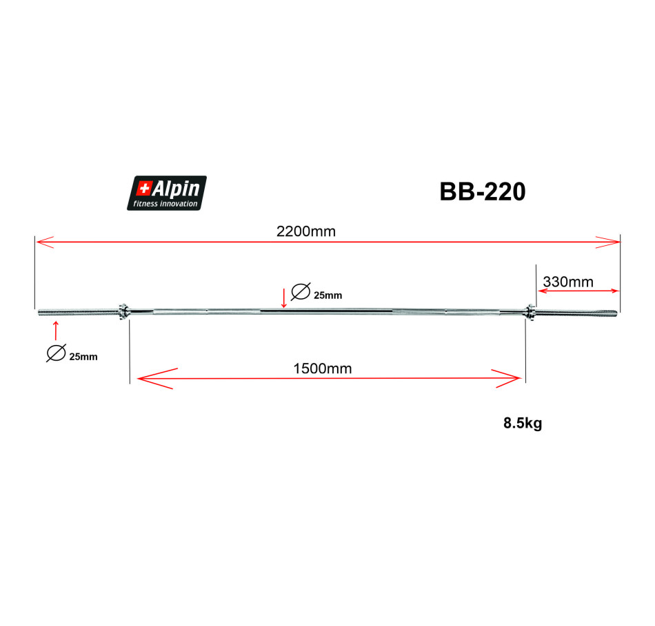 Гриф для штанги Alpin BB-220, диаметр 25мм, длина 220см - фото1