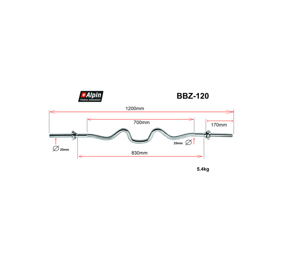Гриф для штанги Alpin BBZ-120, Z-образный, диаметр 25мм, длина 120см - фото1