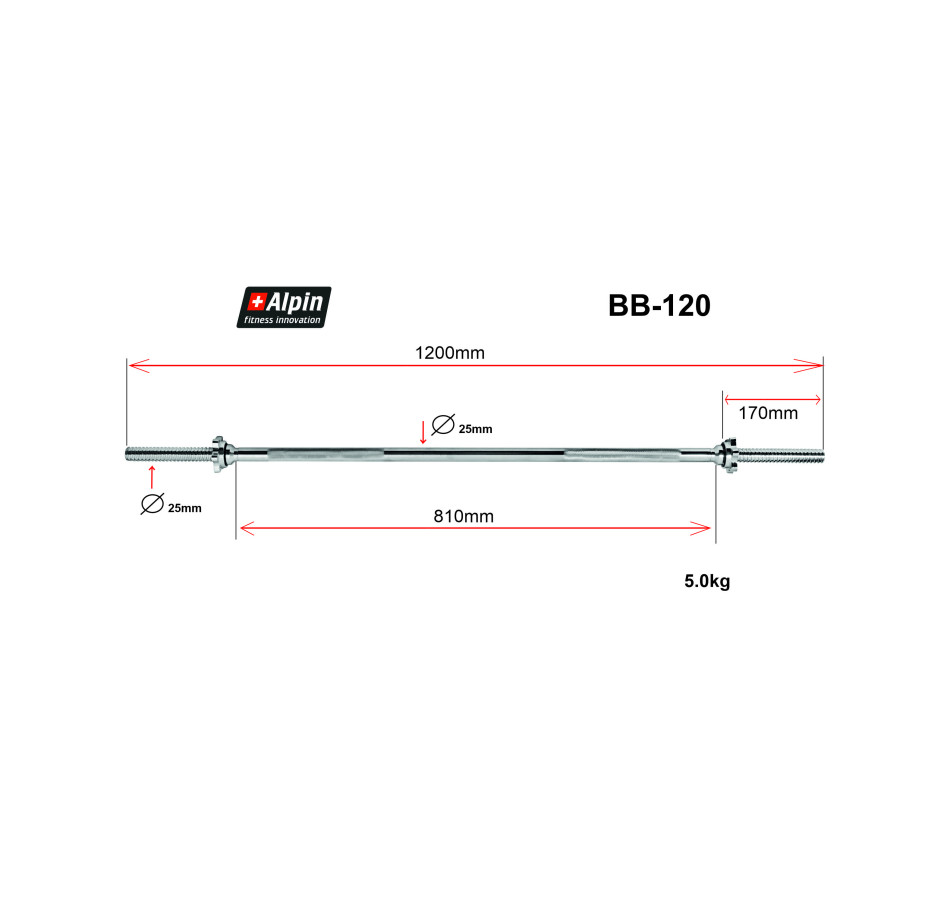 Гриф для штанги Alpin BB-120, диаметр 25мм, длина 120см - фото1