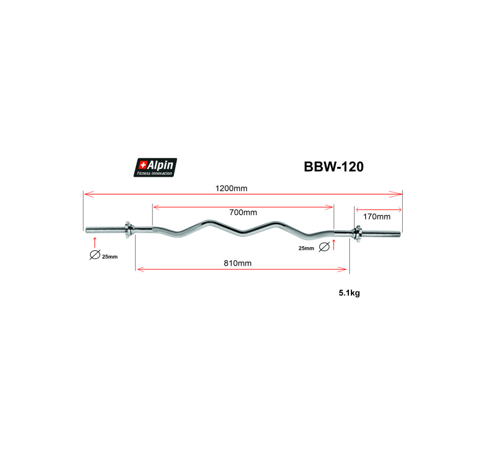 Гриф для штанги Alpin BBW-120, W-образный, диаметр 25мм, длина 120см - фото1