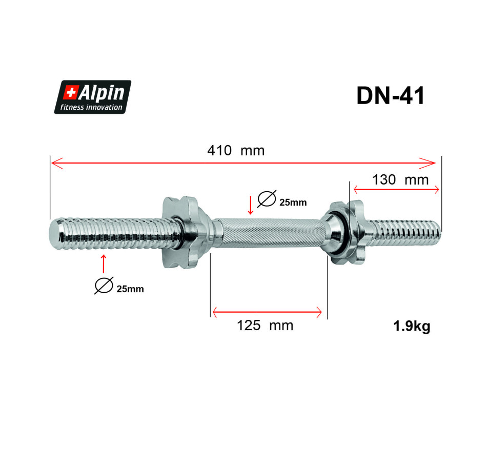 Гриф гантельный Alpin DN-41, диаметр 25мм, длина 41см - фото1