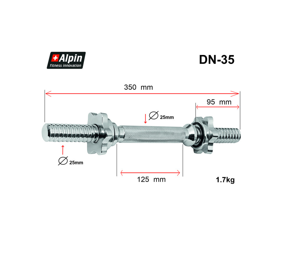 Гриф гантельный Alpin DN-35, диаметр 25мм, длина 35см - фото1